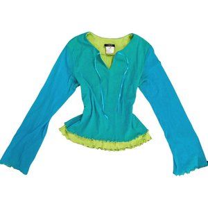 🍓VINTAGE 90s BLUE AND GREEN TOP WITH FLARED SLEEVES🍓